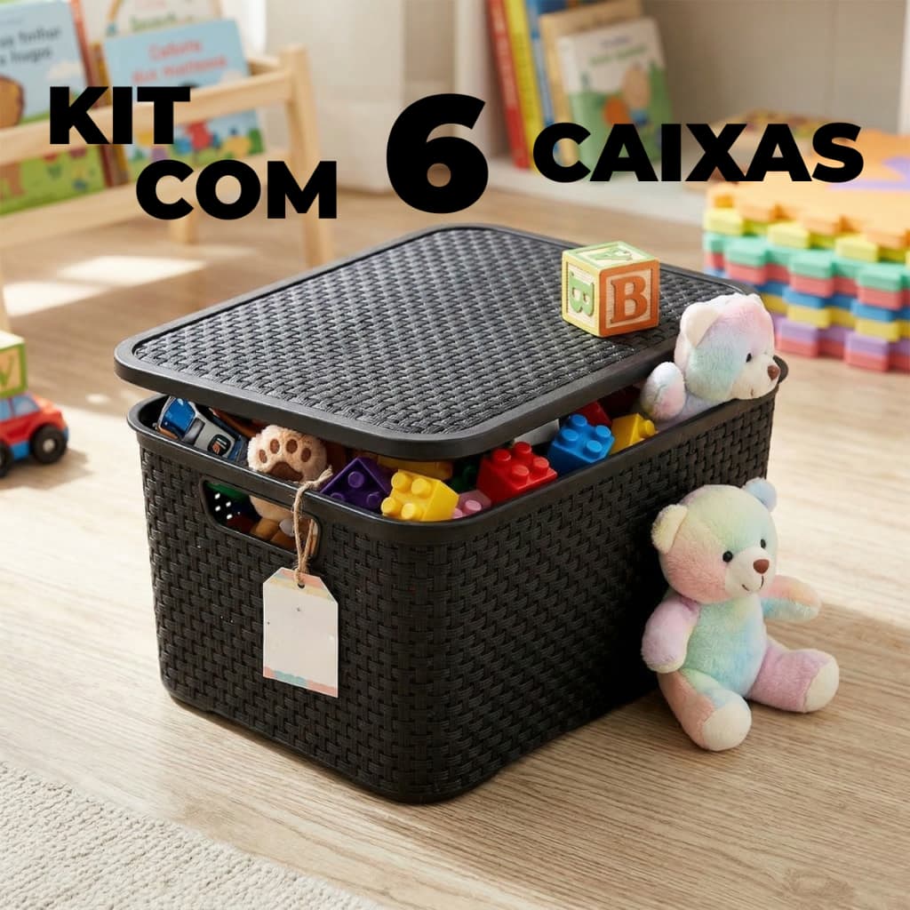 Kit 6 Cesto Caixa Organizadora Rattan 7 Litros Multiuso Preto