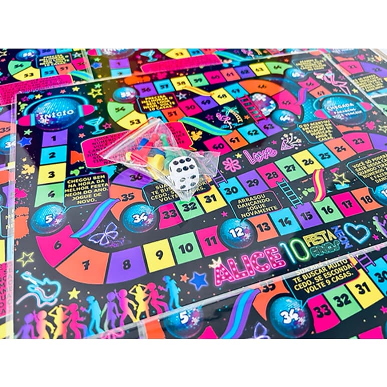 20 LEMBRANCINHA FESTA NEON GLOW | JOGO DE TABULEIRO INFANTIL PERSONALIZADO 30X20 CM | BRINDE BALADINHA
