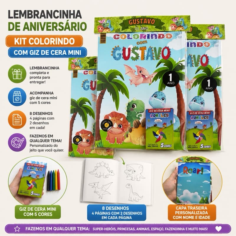 Revista de Colorir Personalizada + Giz de 5 cores| Lembrancinha Infantil Aniversário +150 Temas 🎉