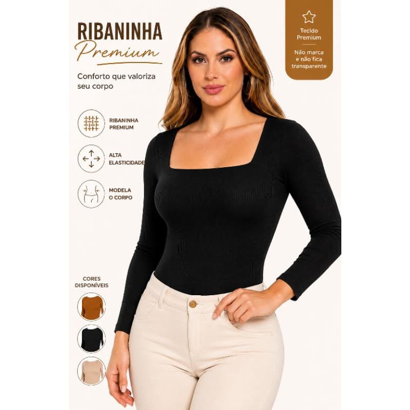 Body Feminino Decote Quadrado Elegante Básico Confortável Modelagem que Valoriza o Corpo Ribaninha Premium Felpuda