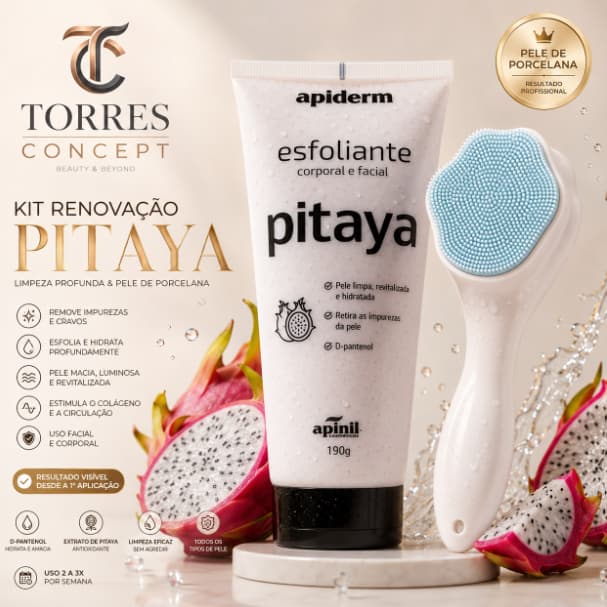 Kit Esfoliante Pitaya Clareador Rosto Corpo + Escova Silicone Facial Limpeza Cravo Espinha Apiderm