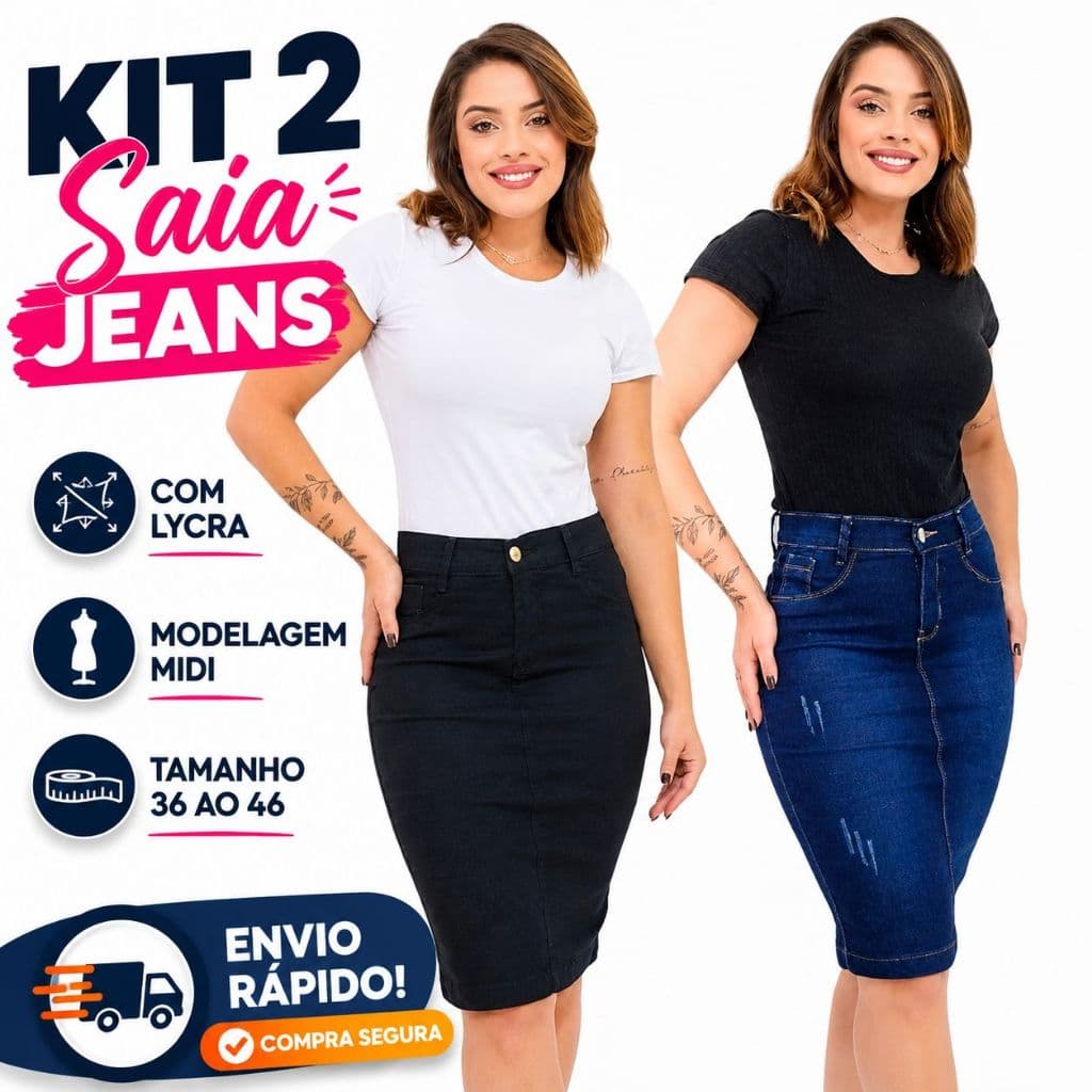 Kit 2 Saias Jeans Evangélica Midi Cintura Alta com Elastano Lycra