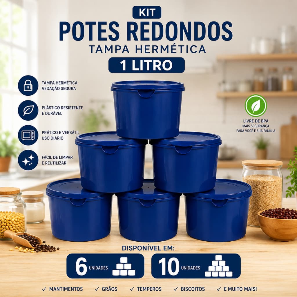 Conjunto 6 ou 10 Potes Herméticos 1L Tampa Trava Mantimentos Cozinha