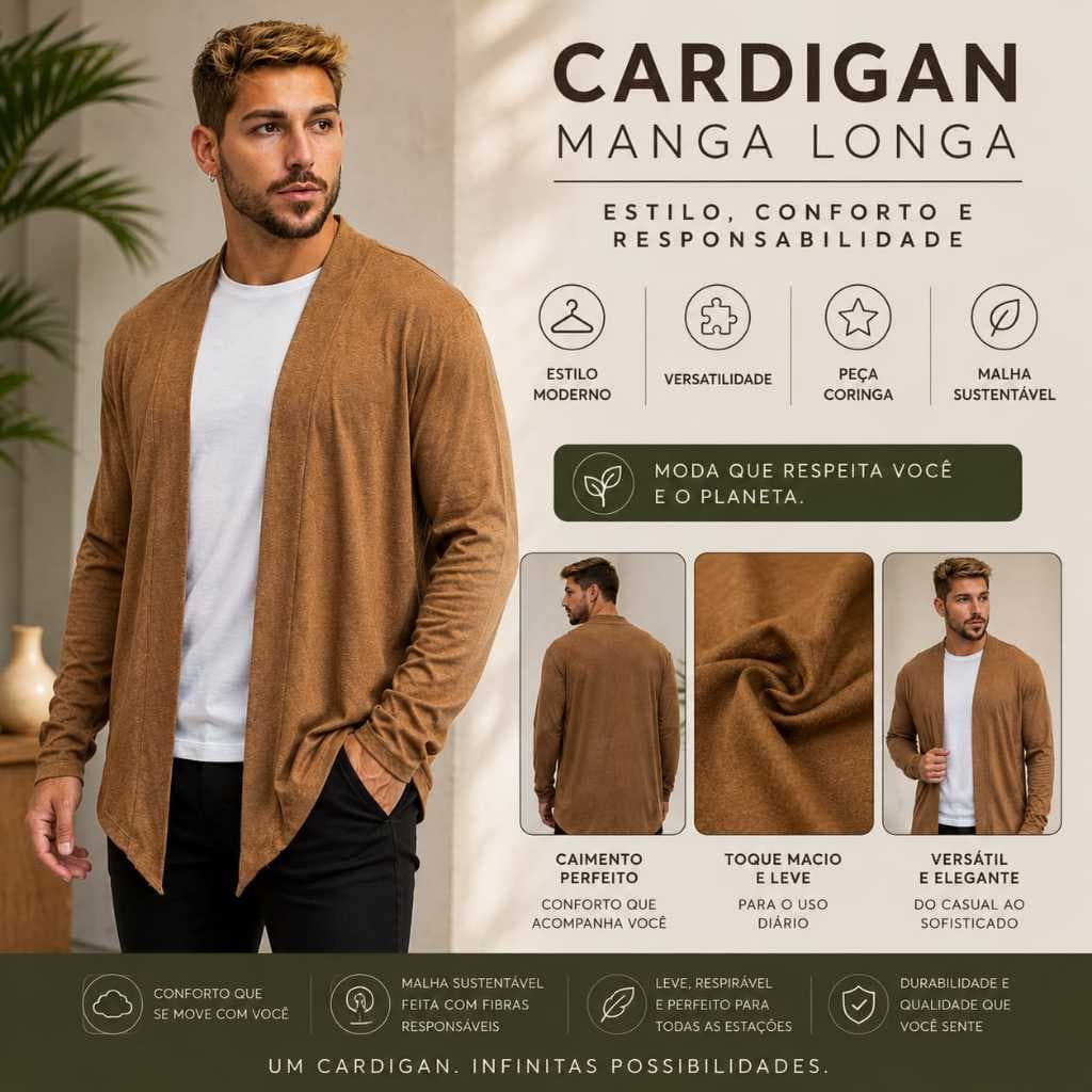 Casaco Cardigan Masculino Homem Moderno Malha Sustentável