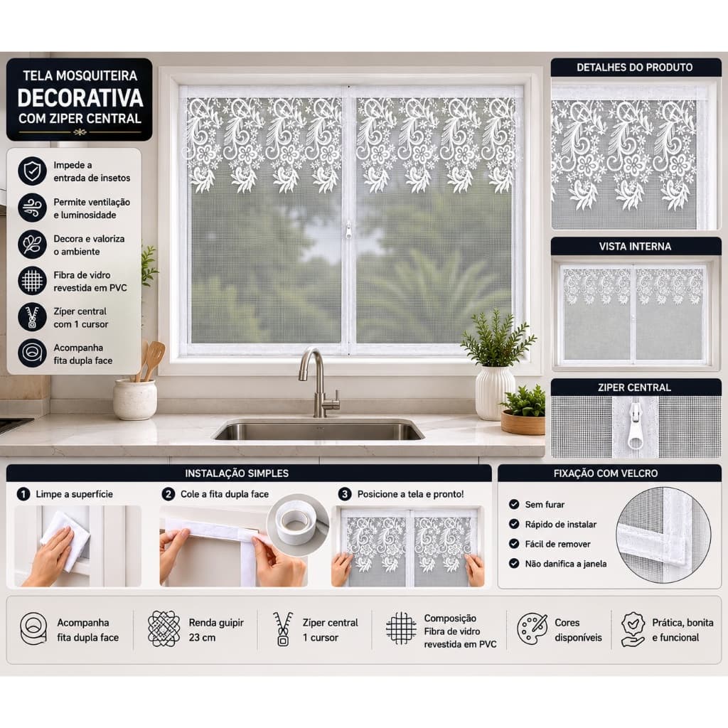 Tela Mosquiteira Decorativa Com Renda Guipir E Zíper