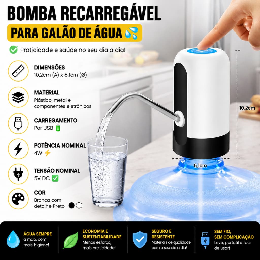Bomba Elétrica Recarregável USB para Galão de Água