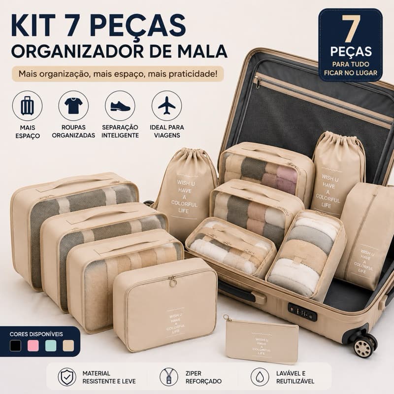 Kit 7 Peças Organizadoras para Mala de Viagem Bolsas para Roupas Sapatos Bagagem e Acessórios Premium
