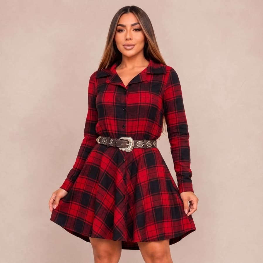 Vestido Chemise Feminino Xadrez Manga Longa Tecido Encorpado Elegante Moderno Country Inverno Chic Confortável Leve