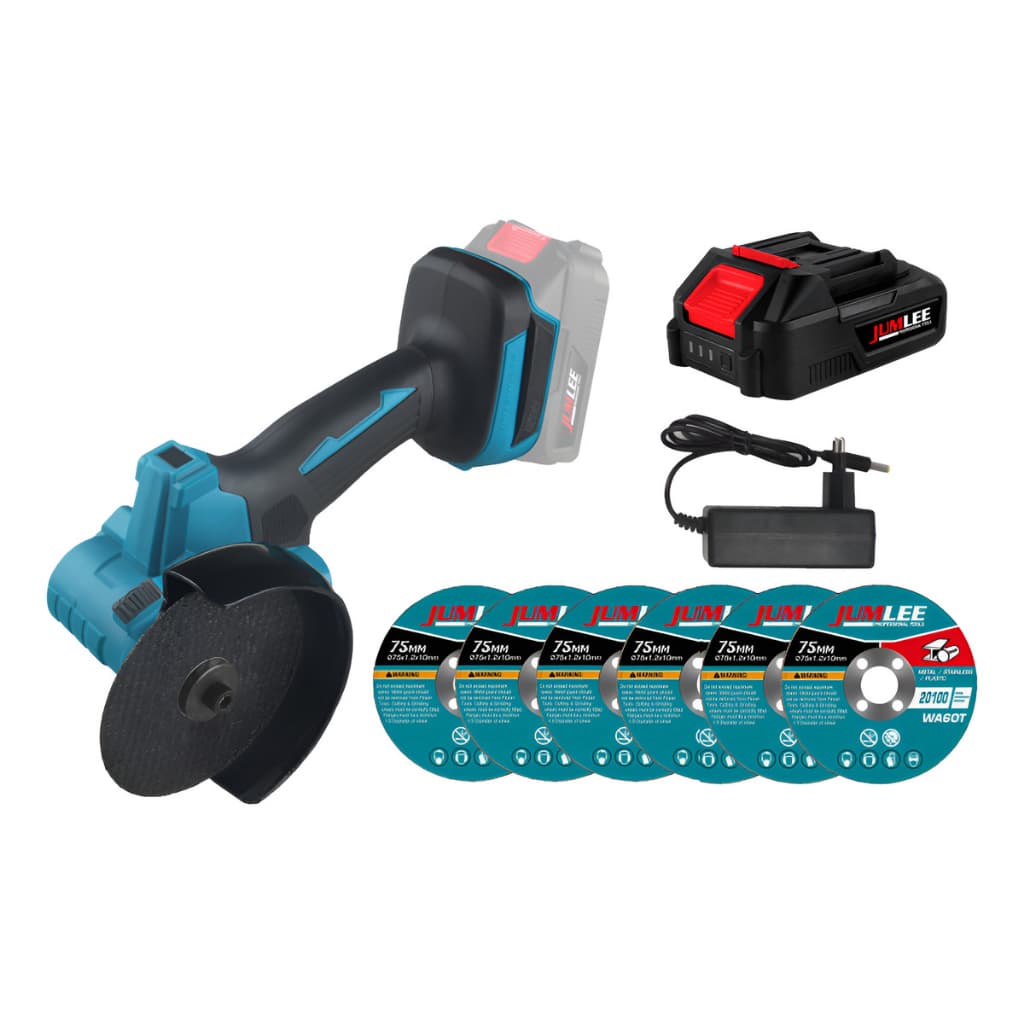 Esmerilhadeira Angular Sem Fio JUMLEE 75mm - Motor Brushless, Multiuso para Corte e Lixamento, com Bateria e Discos