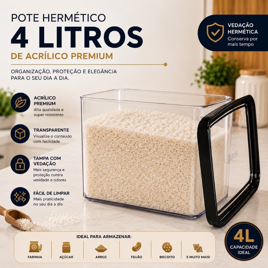 Pote Hermético 4L Acrílico Premium Empilhavel BPA Free Transparente