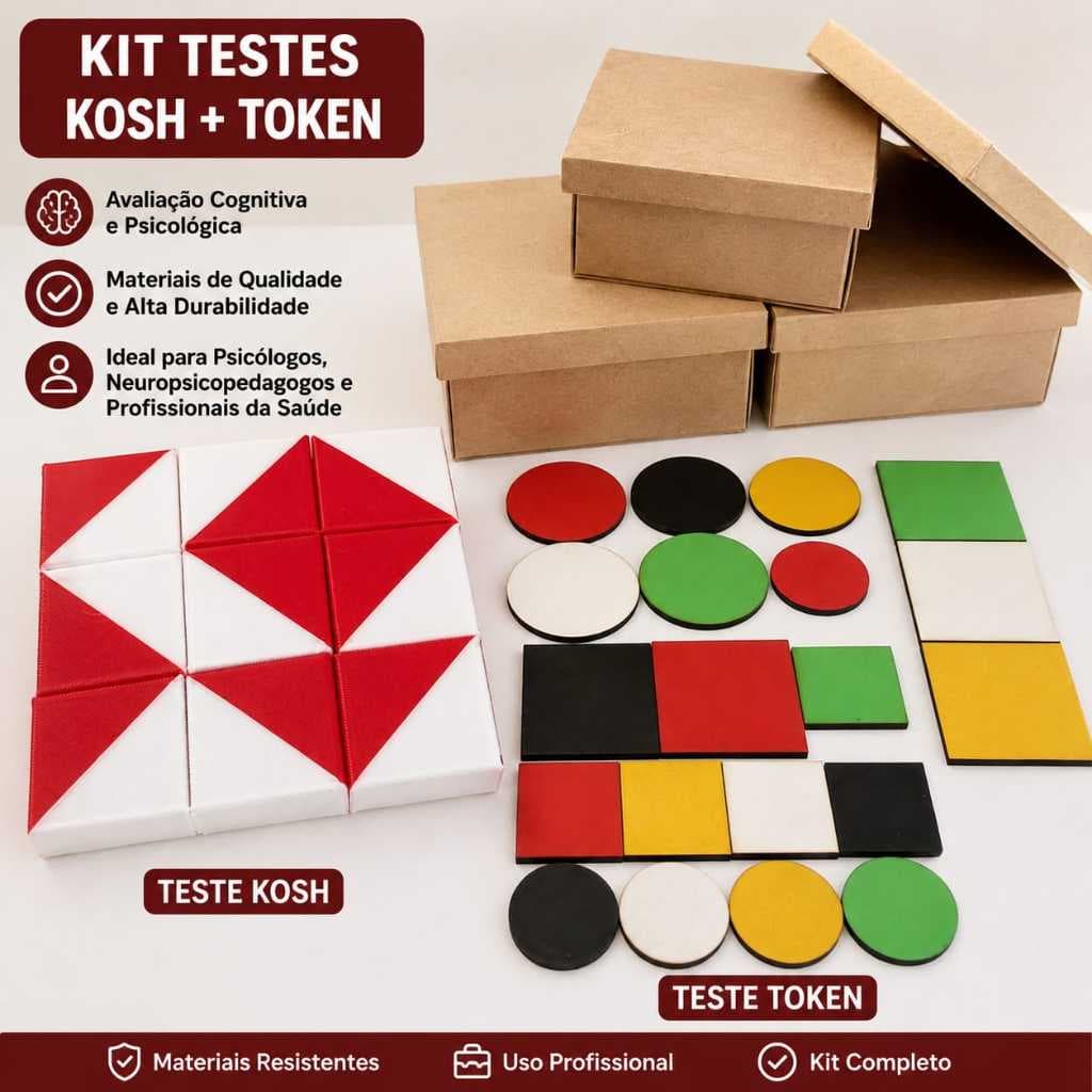 Kit Teste Cubos Kohs e Teste Token + Caixa Raciocínio Lógico Teste QI Psicopedagógicos
