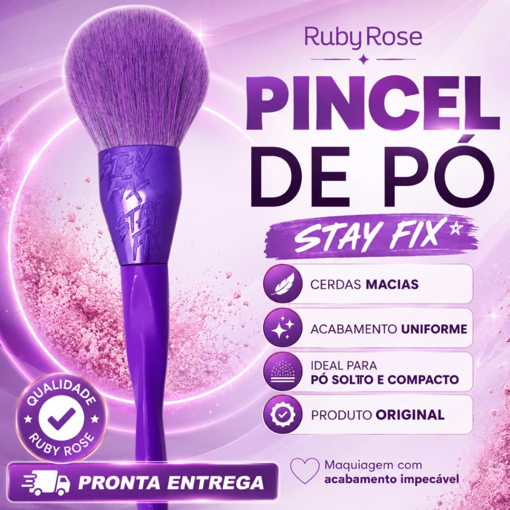 Pincel de Pó Stay Fix Ruby Rose HB-SF01 Original Cerdas Macias Para Pó Solto Compacto Maquiagem