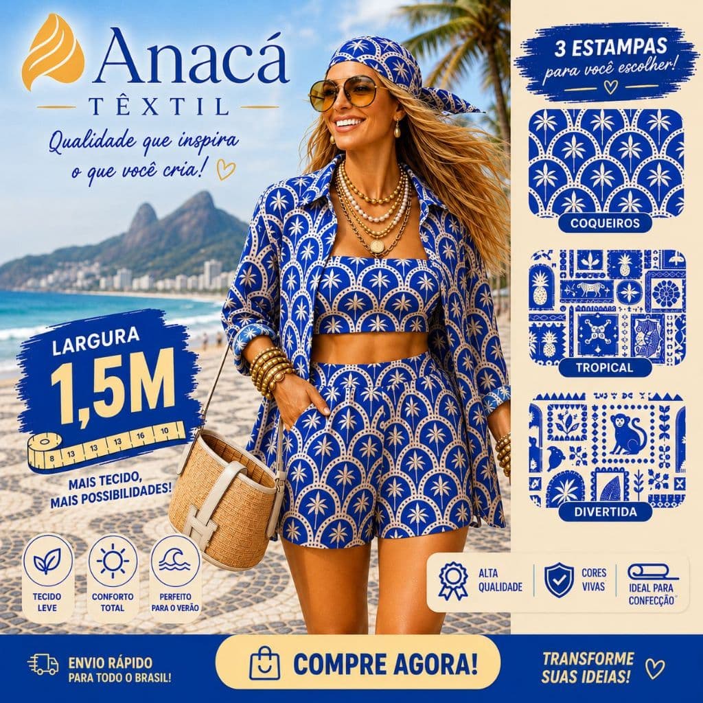 TECIDO CREPINHO TROPICAIS AZUIS  PARA CONFECÇÃO DE VESTIDOS, SAIAS, BLUSAS, ETC