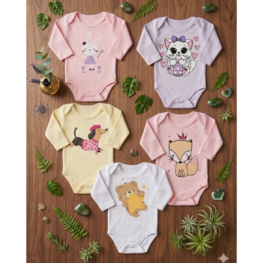 KIT 5 Body estampado Bebê menina Canelado Sortidos - Serafina