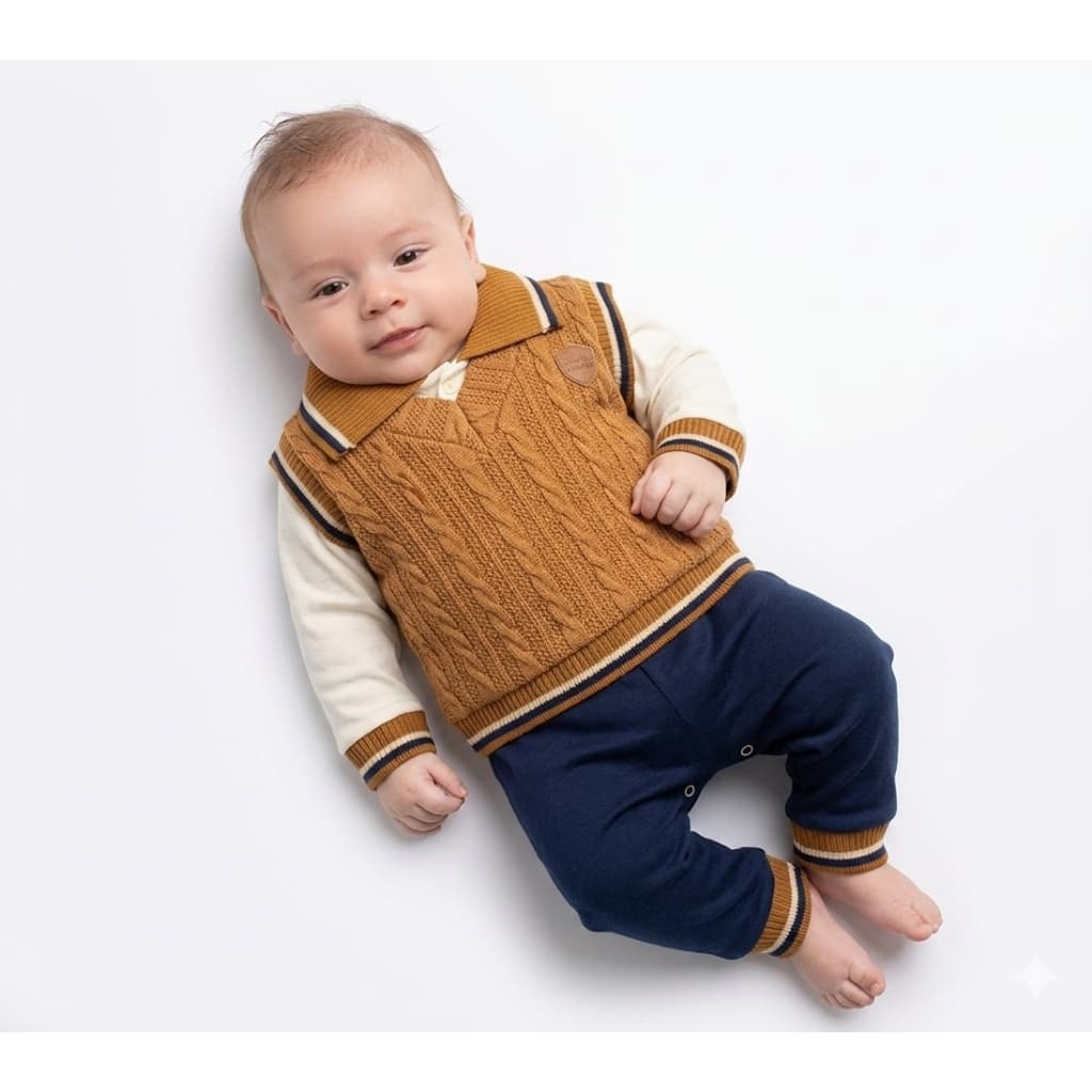 Kit Bebê Menino 3 Peças com Colete Tricô, Body Malha Suedine Premium e Calça Mijão | Conjunto Luxo