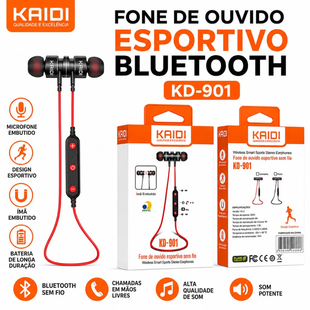 Fone de Ouvido Esportivo sem Fio Kd-901 Bluetooth