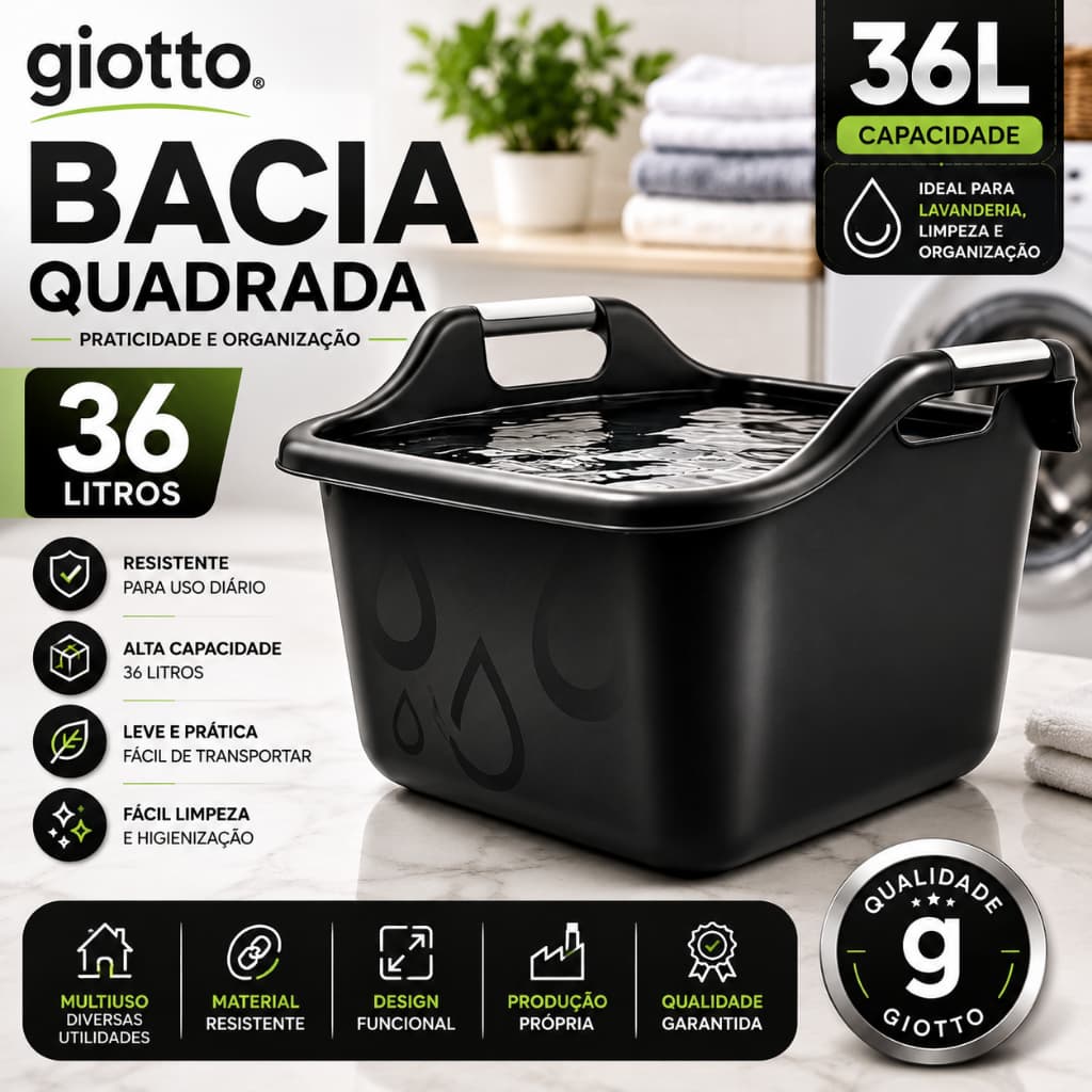 Bacia Quadrada 36L Preto Giotto Resistente Multiuso Giotto