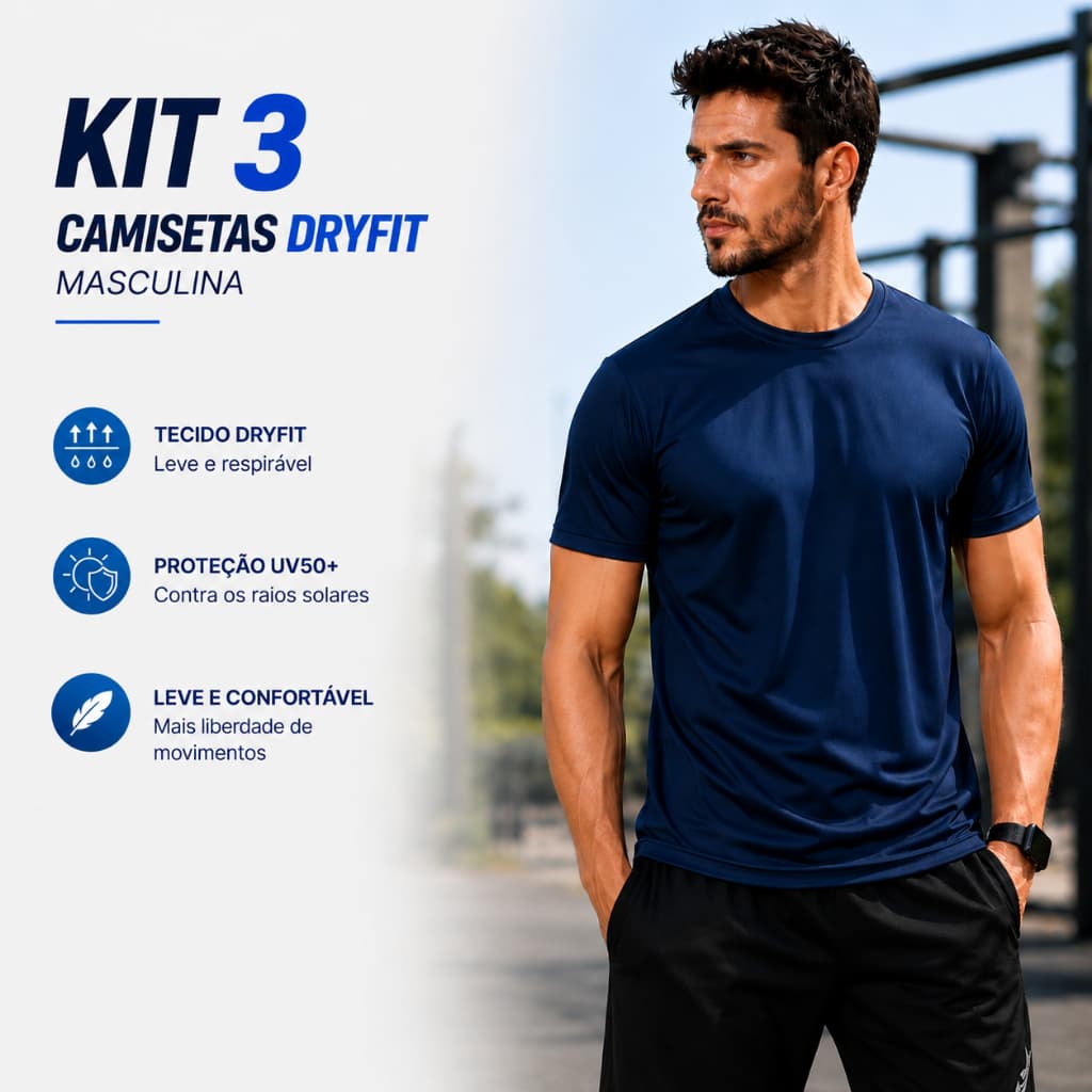 Kit 3 Camisetas Masculina Dry Fit Proteção Solar UV50 Térmica Anti Suor Academia Cores