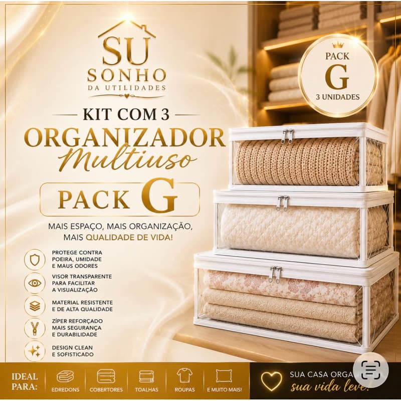 Pack Organizador G Premium Kit 3 Unidades | Closet Organizado com Elegância | SU Sonho da Utilidades