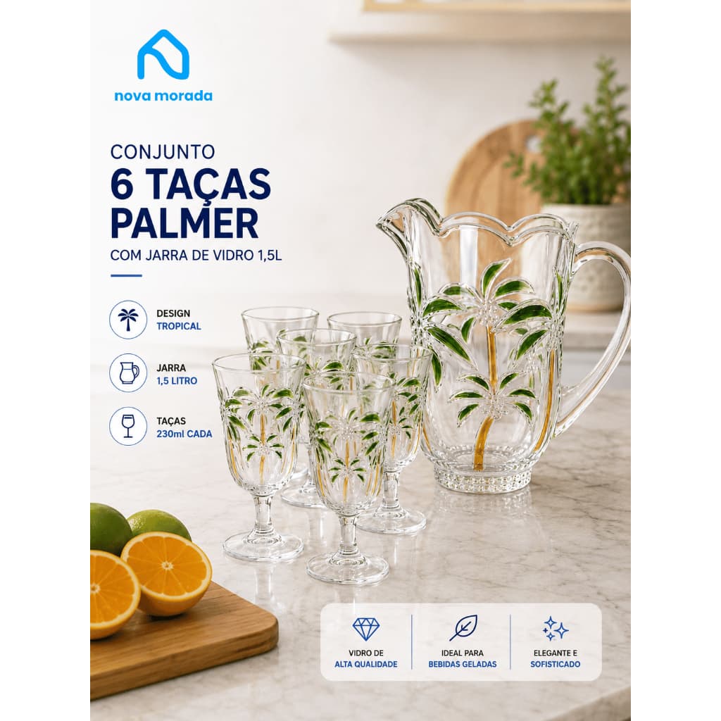 Jogo De Jarra Com Taças De Vidro 1,5L Conjunto 6 Taças Água Suco Drinks Palmeira Mesa área gourmet