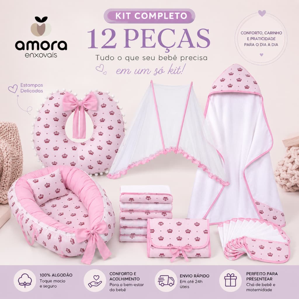 Kit Ninho Redutor De Berço 12 Peças Completo Com Almofada Trocador Toalha E Mosquiteiro