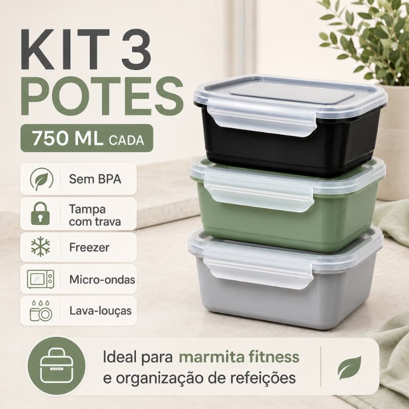 Kit 3 Marmitas Fitness Potes Plásticos Tampa Trava Hermética BPA Free Microondas Freezer Dieta Academia