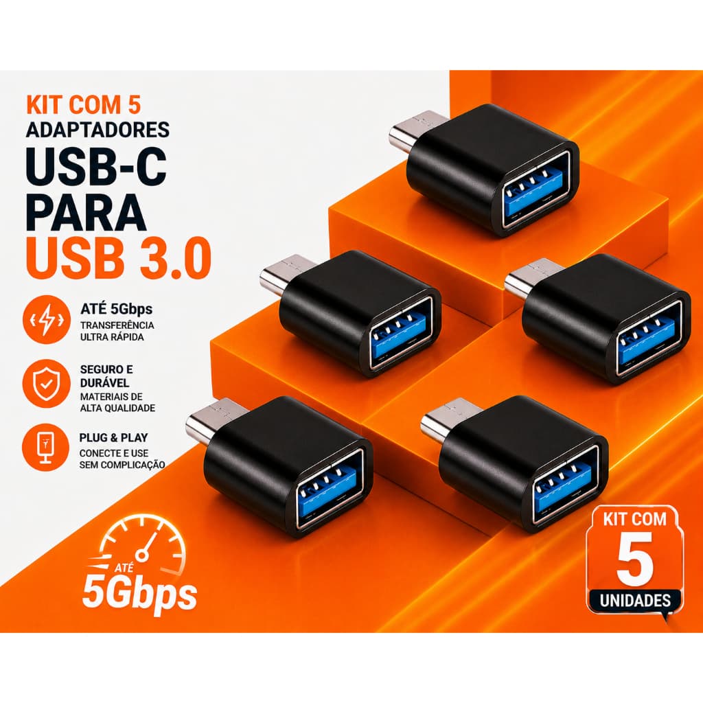 Kit 5 Adaptador USB-C para USB 3.0 OTG 5Gbps Plug Play Android iPhone 15
