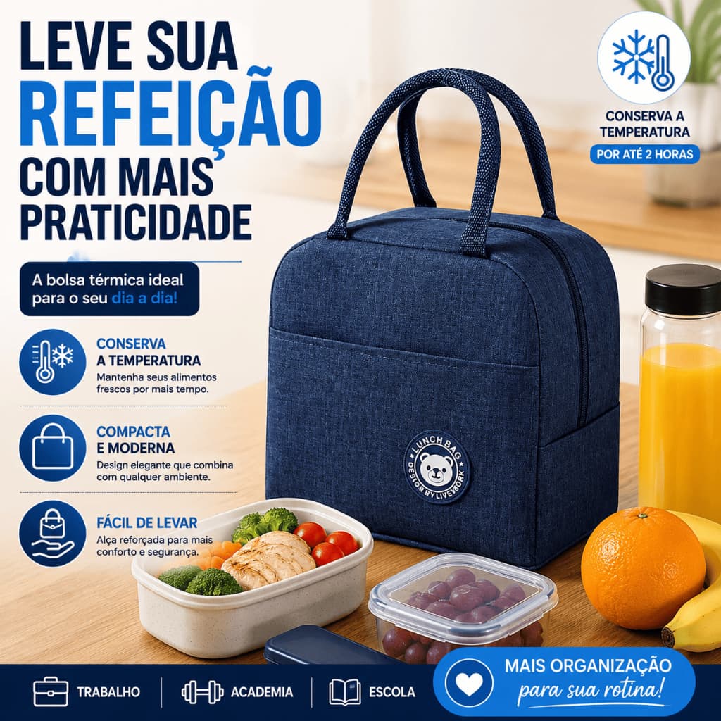 Bolsa Térmica Portátil de Mão Lancheira Marmita Viagem Piquenique Prático com Bolso Lateral