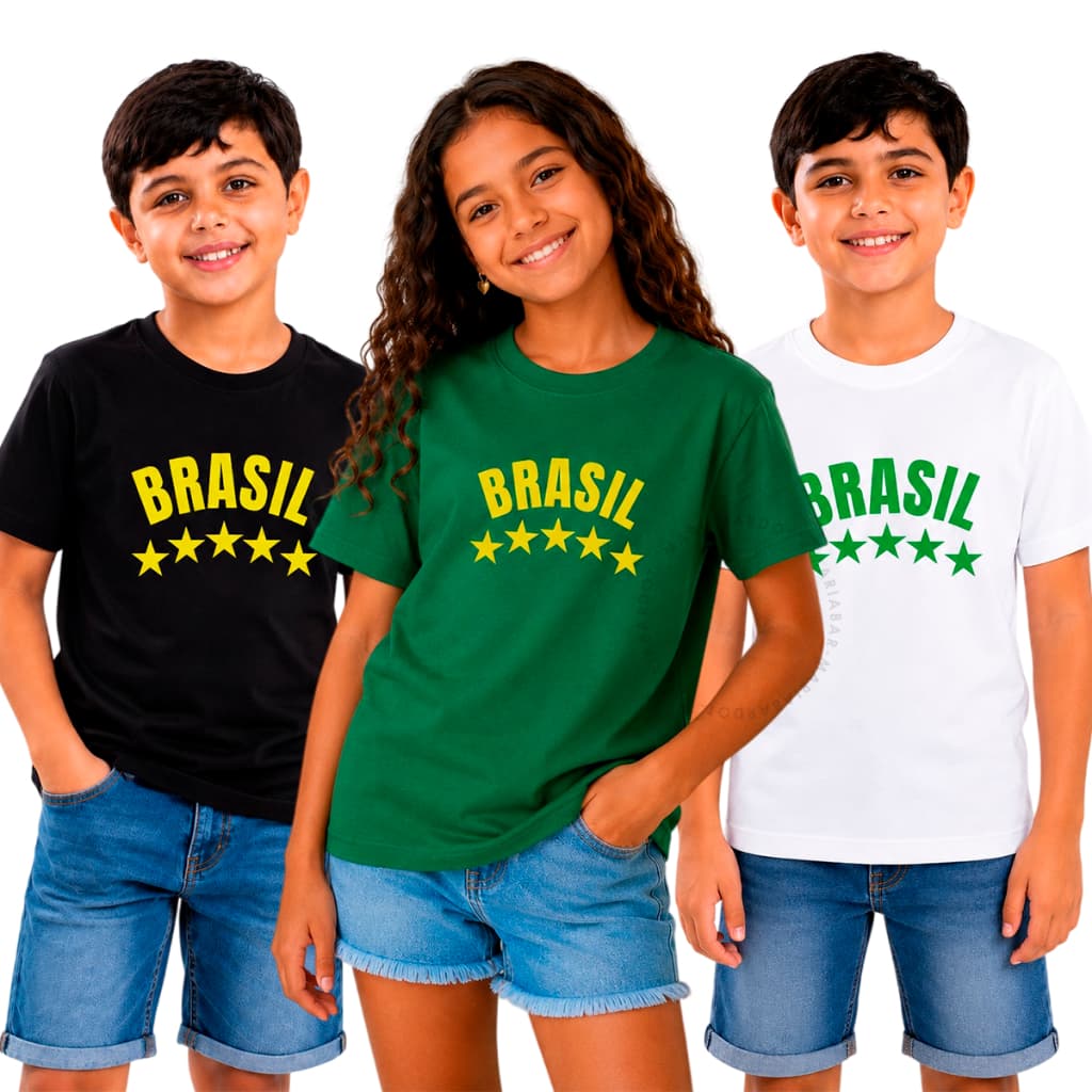 Camiseta Infantil Brasil Unissex Torcida 100% Algodão Premium Estampa Copa Seleção Tam 6 ao 14