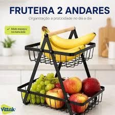 Fruteira Cesto Organizador 2 Andares Preto Metal Aramado Alça Madeira Cozinha Mesa