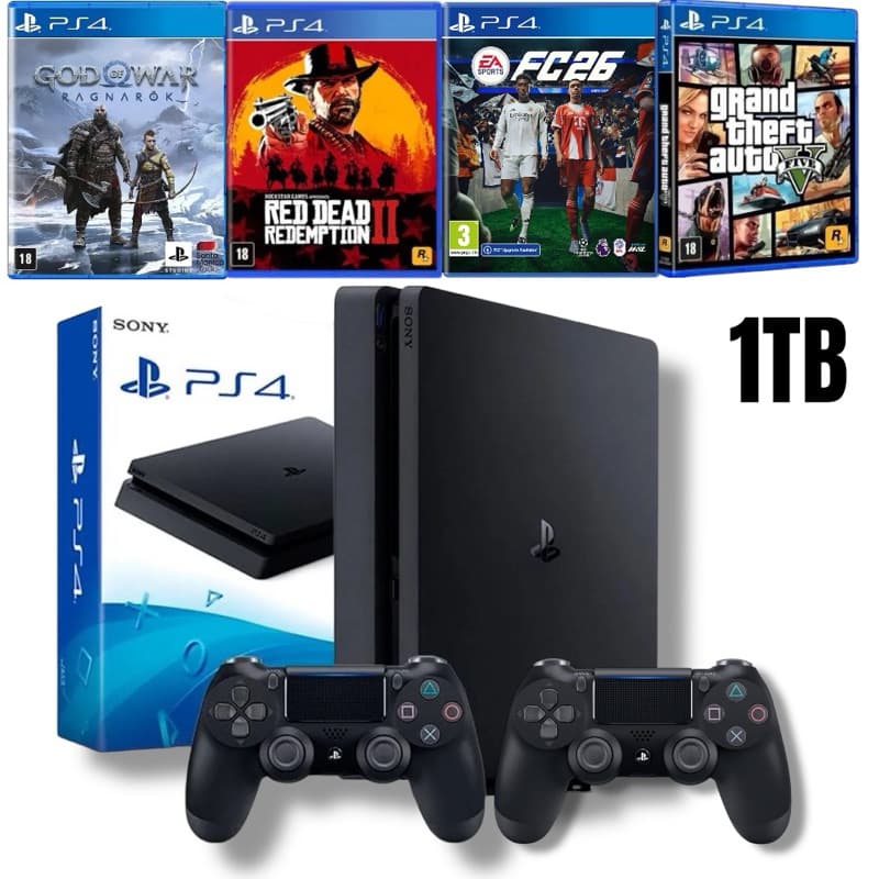 Console PlayStation 4 Slim 1TB + 5 Jogos + 2 Controles - Com Caixa Original