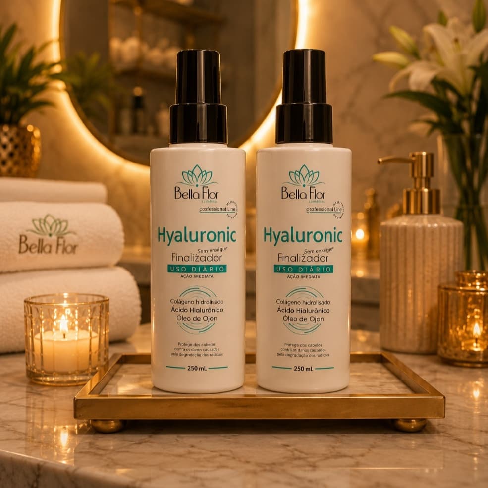 Kit 2 Spray Finalizador Hyaluronic 250ml Reparador Anti-Frizz Sem Enxágue Bella Flor Controle de Volume Uso Diário