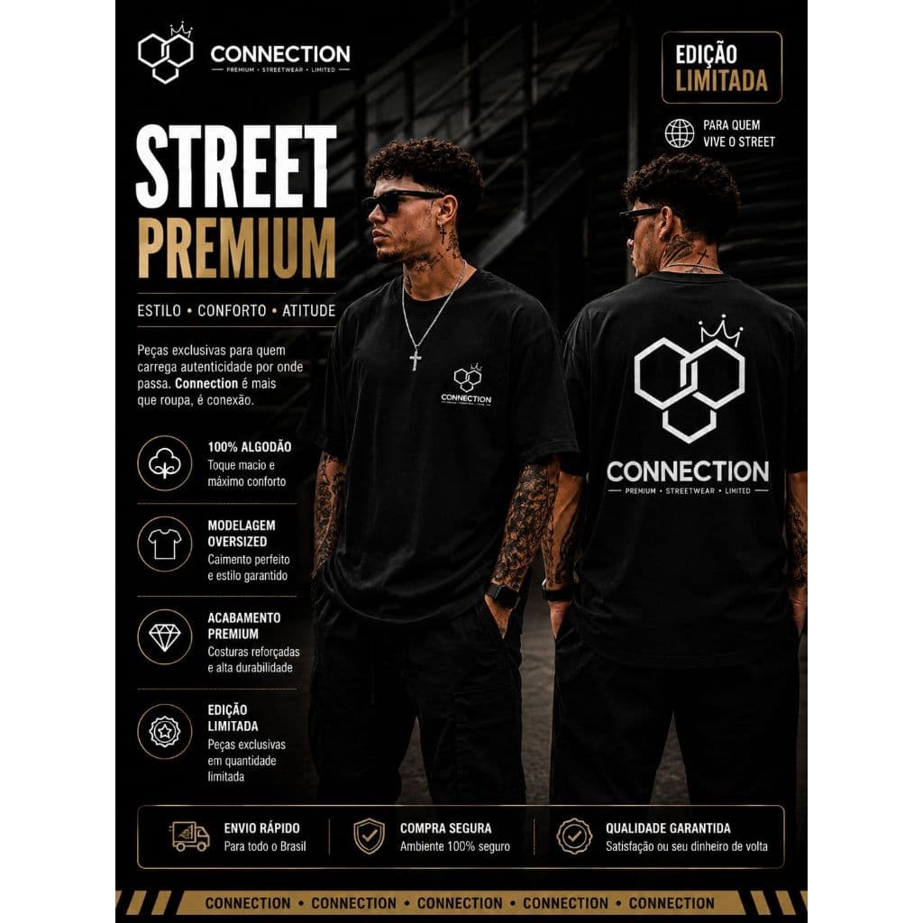 Camiseta Masculina Premium Nova Coleção Connection 100% Algodão Tendência 2026 Streetwear