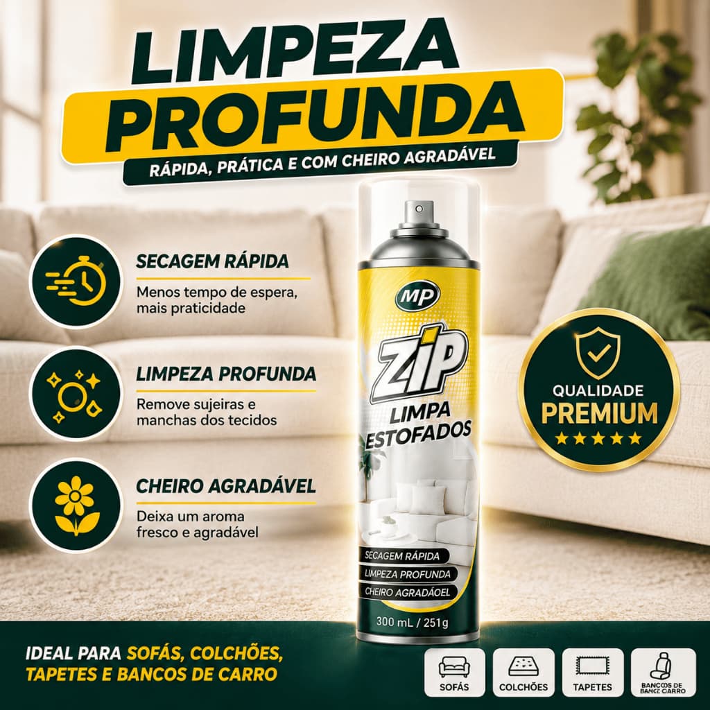 Limpa Estofado Colchão Sofá Spray Zip Clean Espuma Seca Remove Manchas Odor Fácil Uso