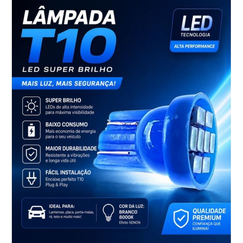*2 Lâmpada Pingão 8 Led T10 W5W