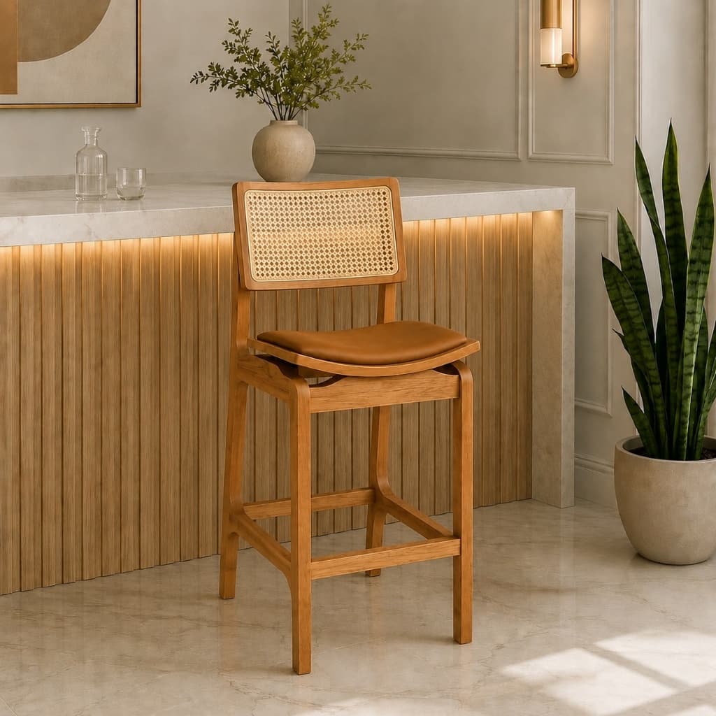 Banqueta Alta Balcão Madeira Maciça Assento Courino Caramelo Preto Linho Encosto Em Tela Rattan