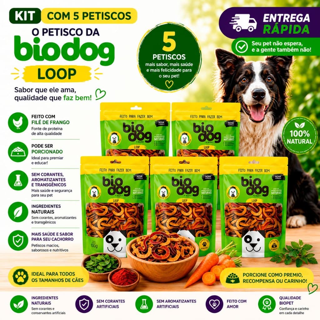 Kit 5 Bifinho Petisco Natural Snack Biscoito Cães Biodog Mordedor Gourmet Loop