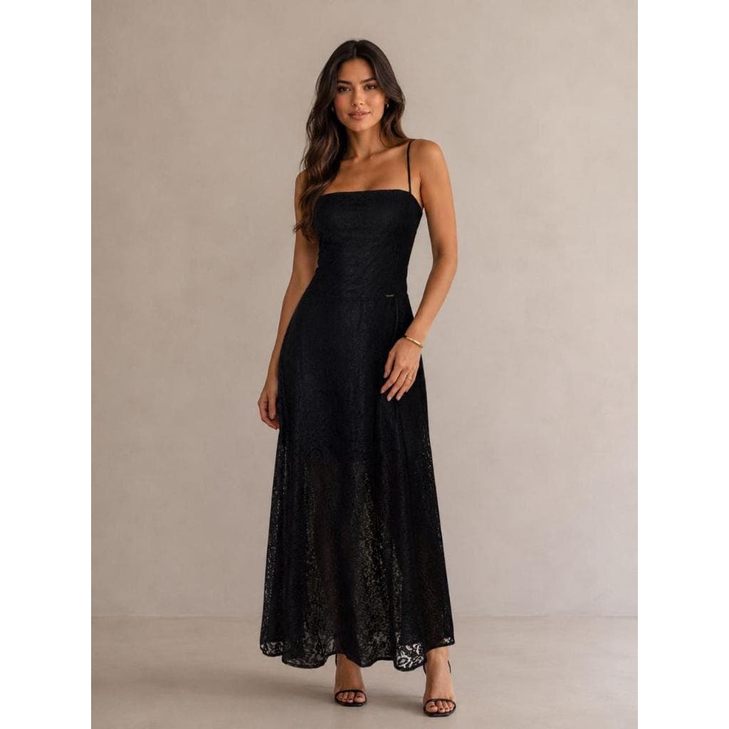 Vestido Longo Rendado Preto com Costas Transparentes | Sofisticado para Formatura, Casamento e Eventos Especiais