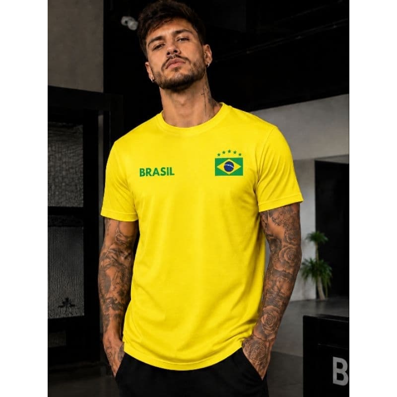 Camiseta Brasil Masculina Dry Fit Amarela Seleção Copa Confortável