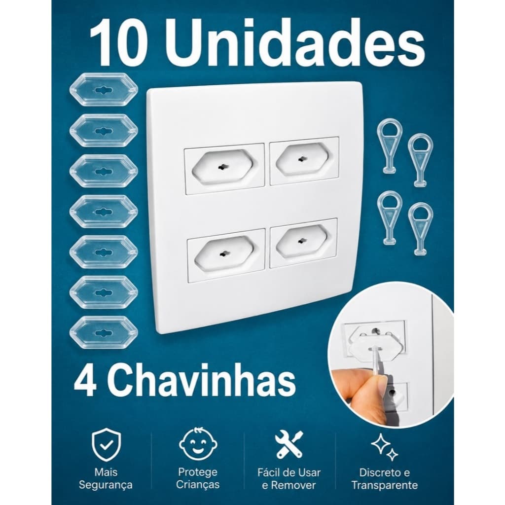 Kit 10 Protetores de Tomada Transparente + 4 Chaves Proteção Bebê Antichoque