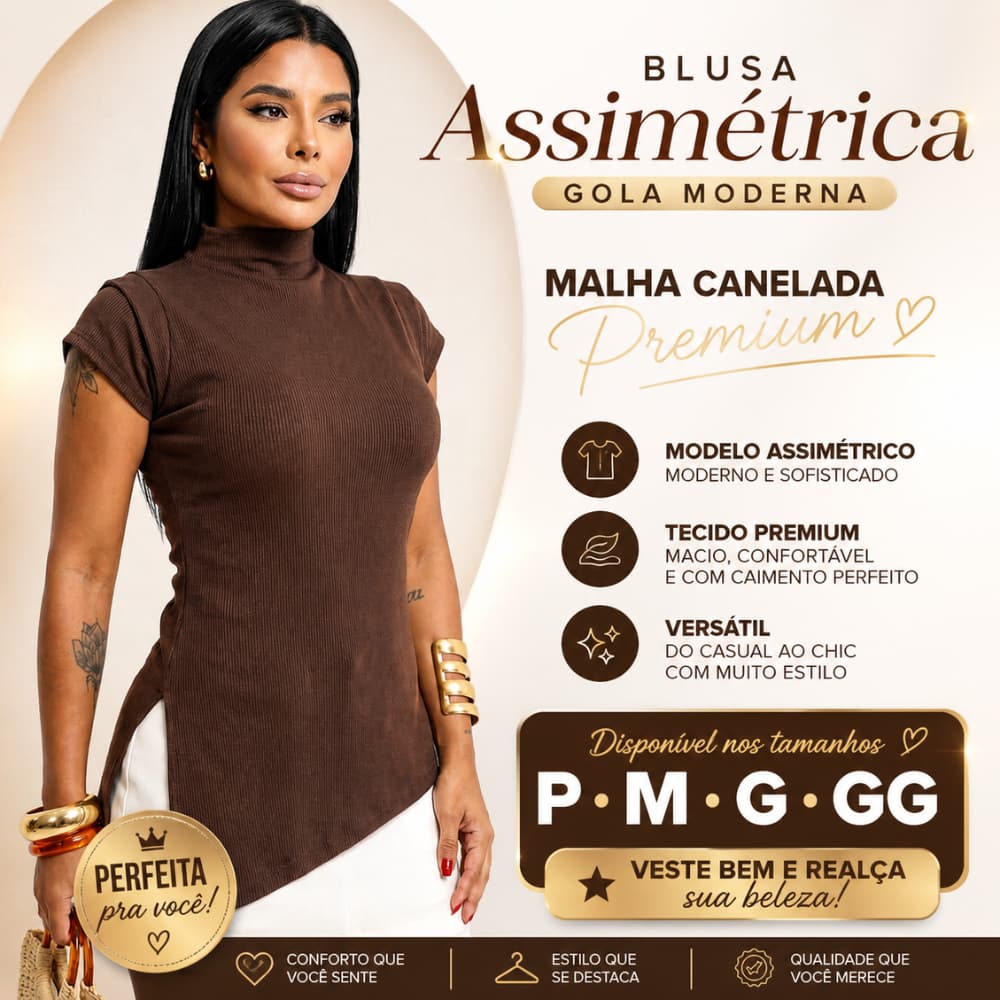 Blusa Feminina Blusinha Assimétrica Gola Alta Canelada Ribana Premium Moda Basica,Luxo,Casual Verão 2026 Blogueira