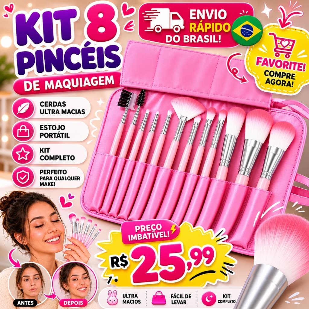 Kit 12 Pincéis de Maquiagem Profissional Cerdas Macias com Estojo Portátil 3 Cores