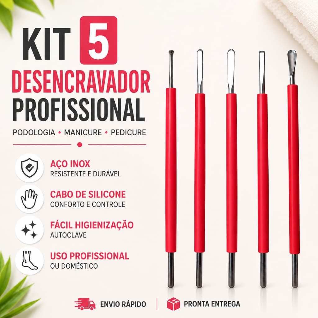 Kit Podologia Profissional Inox 5 Peças Desencravador Manicure Pedicure
