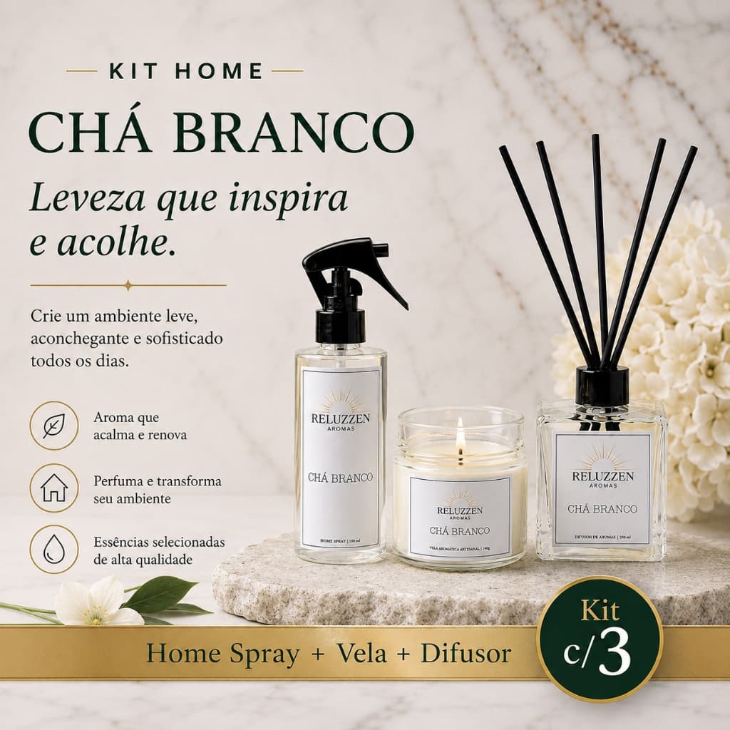 Kit Aromatizador Chá Branco Difusor de Ambiente com Varetas Home Spray Vela Aromática Perfume Casa