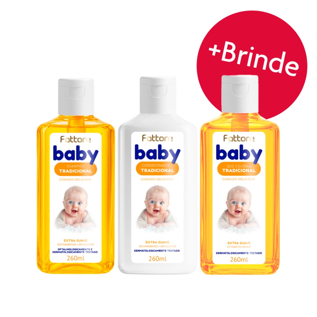 Kit Shampoo, Condicionador e Colônia 260ml Baby Infantil Cuidado Delicado Extra Suave Fattore