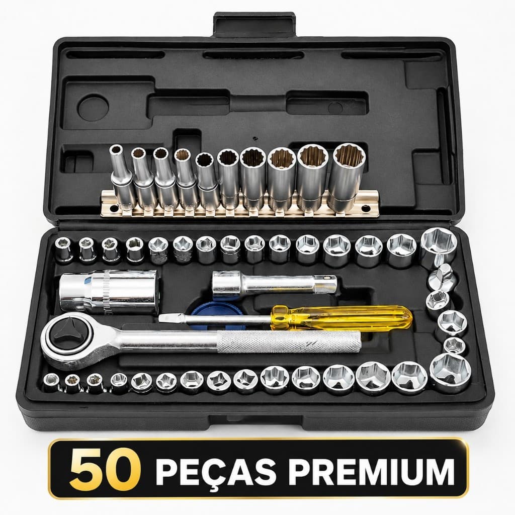 Catraca Soquete Longo Estriado Chave Vela Extensao Bits Canhao Sextavado 1/4 3/8 Pol 50Pçs C/ Maleta