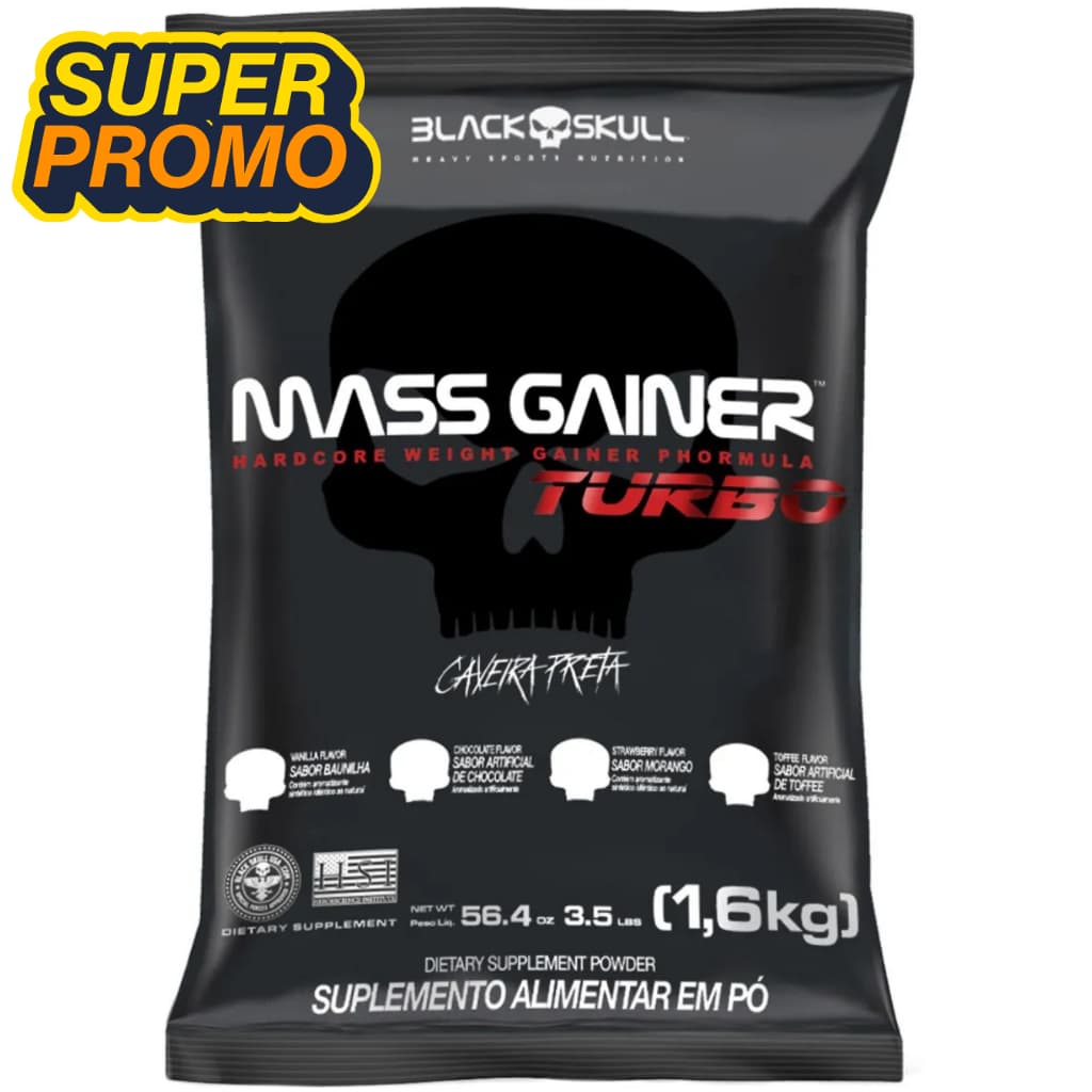 Mass Gainer Turbo Hipercalórico 1,6kg p/ Ganho de Massa, Energia e Performance - Black Skull