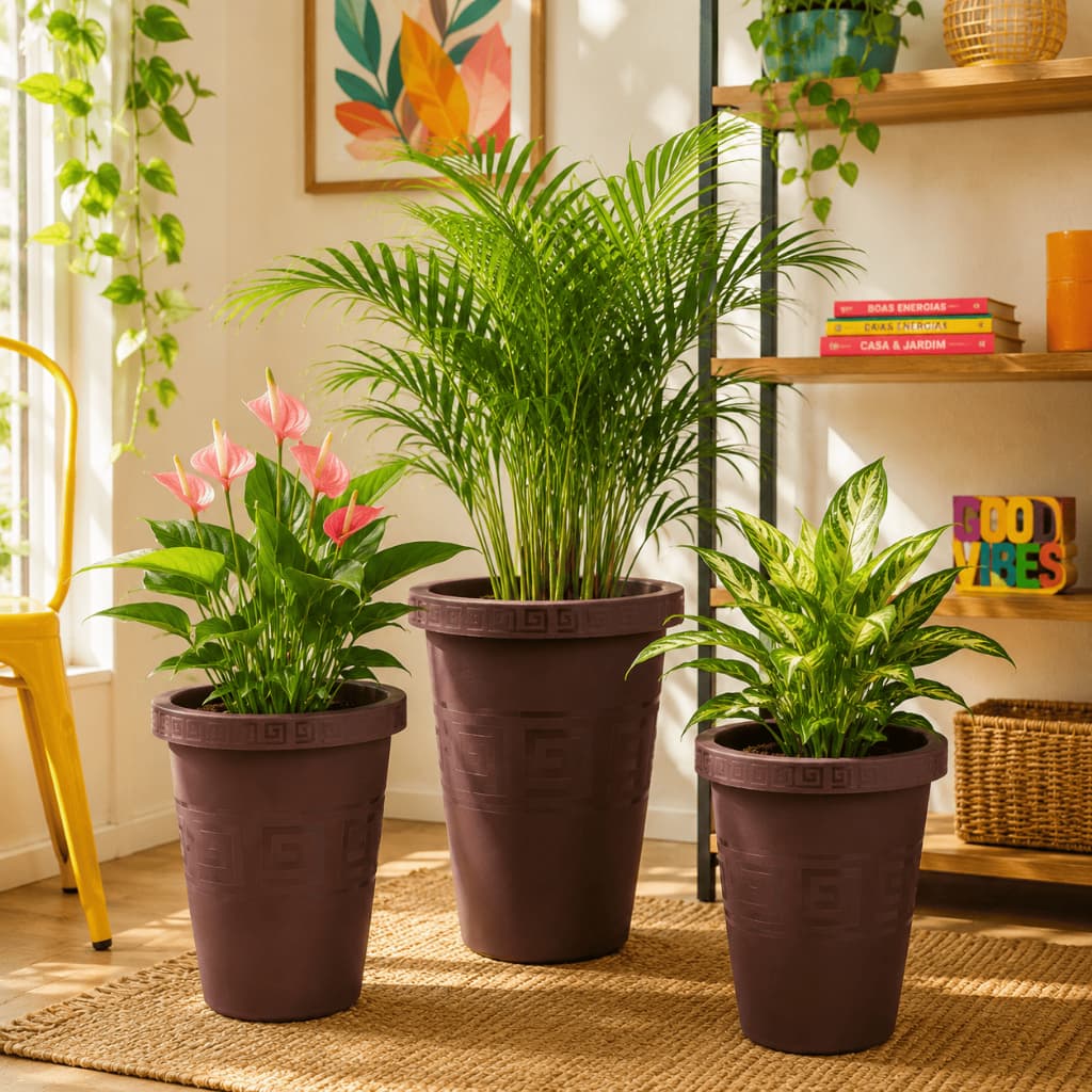 Kit 3 Vasos para Plantas Vaso Alto Detalhe Grego 11 14,5 e 21 Litros Resistente