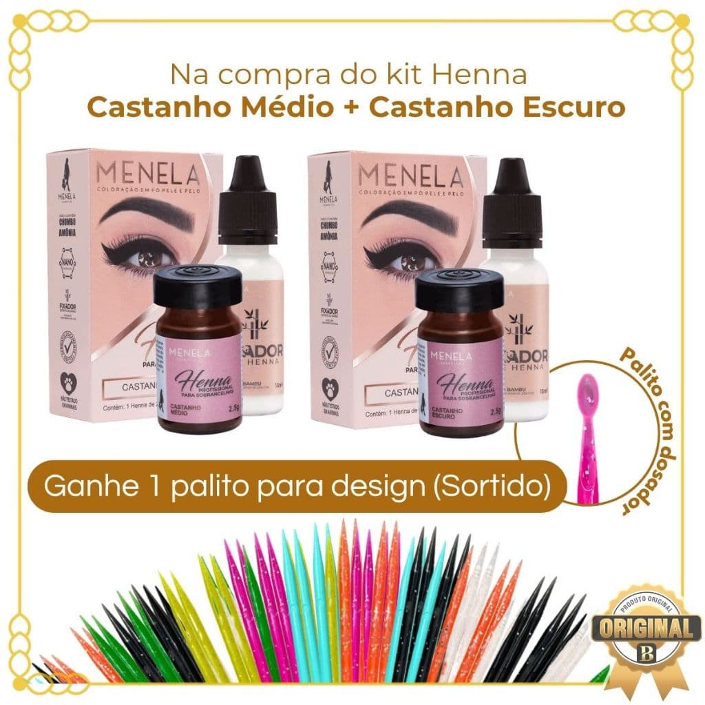Kit 2 Henna Menela Castanho Médio + Castanho Escuro + Palito Para Design De Sobrancelhas (Sortido)