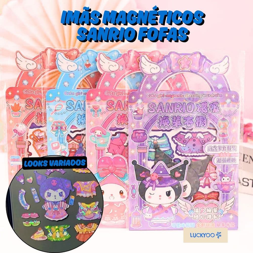 Sanrio Boneca Magnética de Vestir Anime Kawaii Cenário Troca de Roupa Brinquedo Criativo Atividades Infantil Geladeira